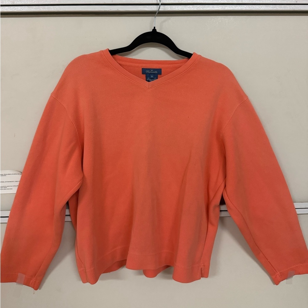 Vtg Faconnable Coral V-Notch Knit Pullover Sz M 100% Cotton Thick Sweater